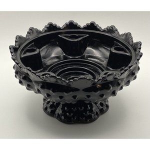 Vtg Fenton Black Art Glass Hobnail Candle Bowl Sawtooth Rim 6 Holder Patent Pend